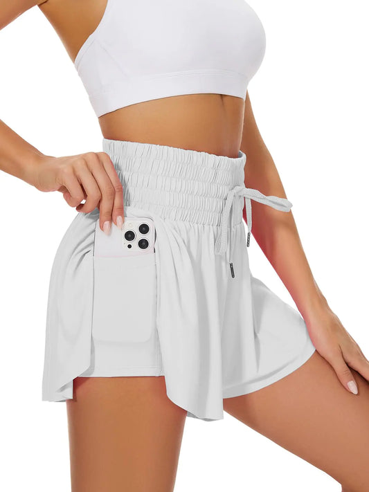 Heyielda High Waist Flowy Athletic Shorts for Women Butterfly Shorts High Rise Workout Gym Shorts（White-S）